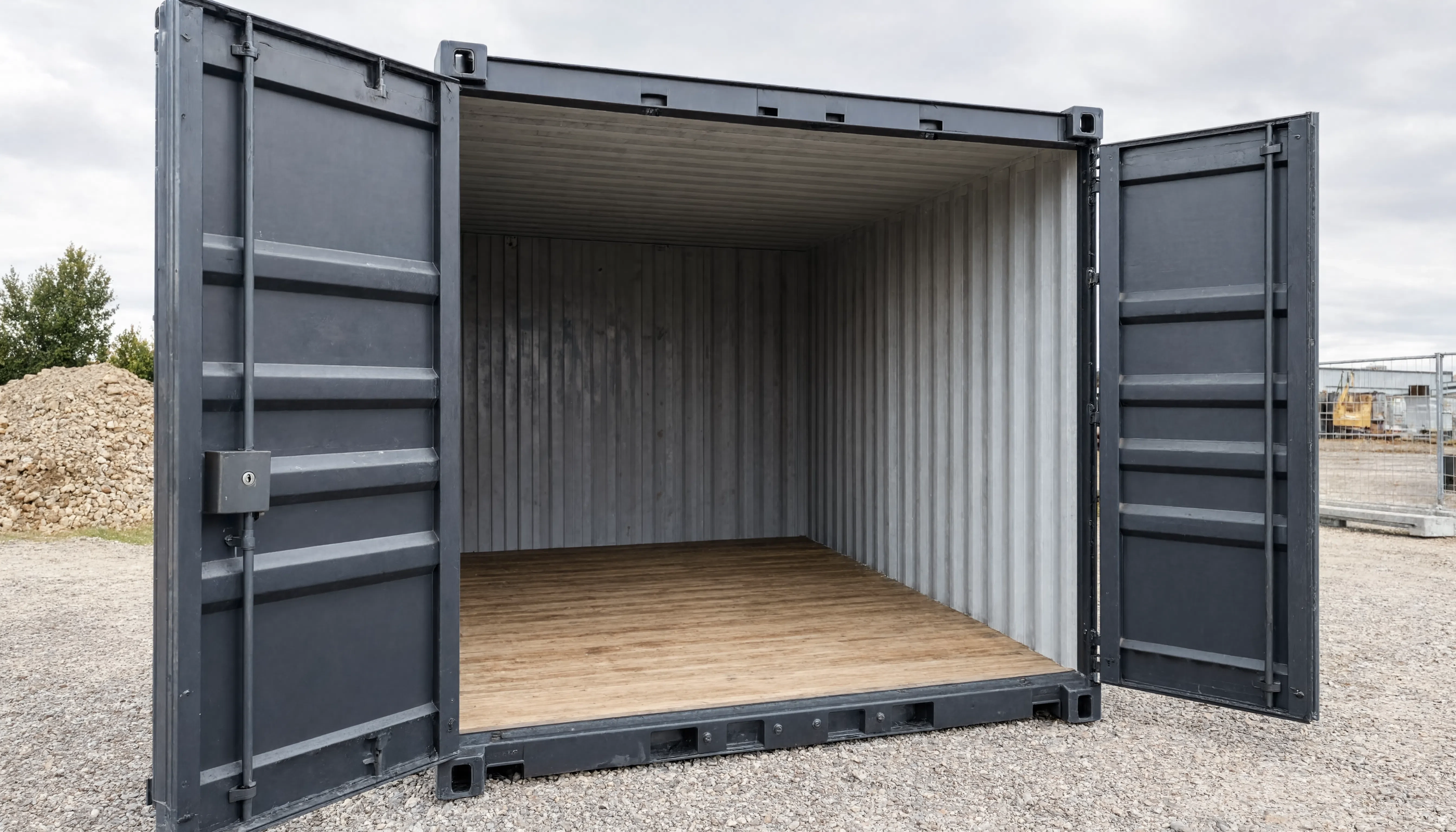 Ilustración de un contenedor con las puertas abiertas, con su suelo y sus paredes visibles