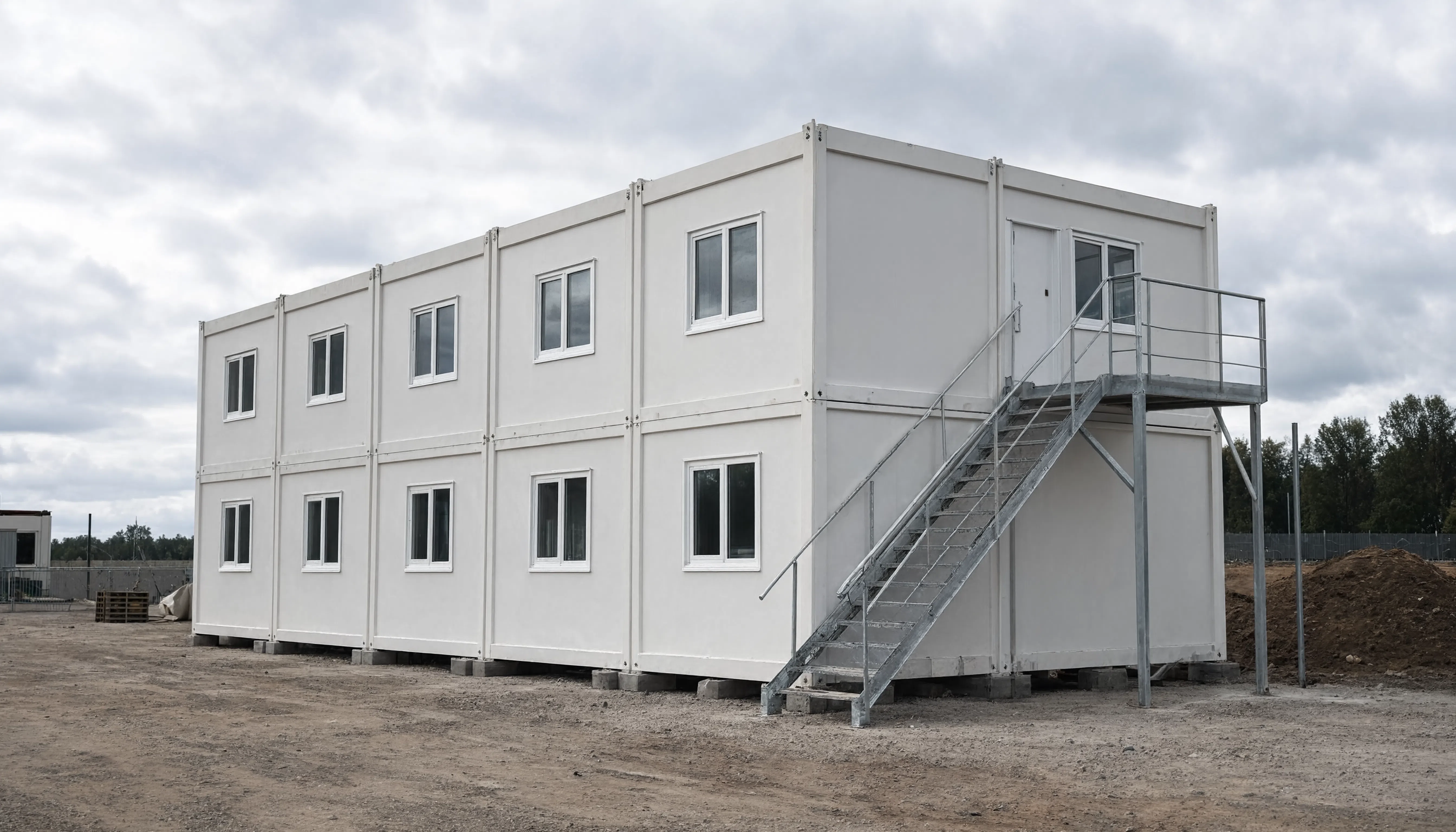 Ilustración de un campamento de obra modular con oficinas y escalera exterior en una obra