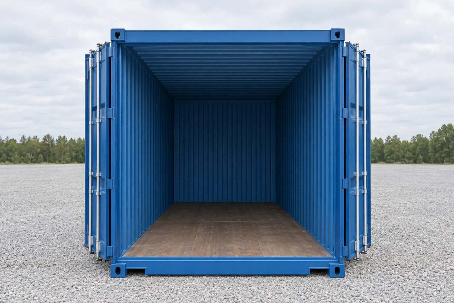 Ilustración de un contenedor de 20 pies estándar azul visto de frente, con las dos puertas abiertas mostrando un interior vacío con suelo de madera. Medidas indicadas: ancho de apertura de puerta 2.34 m, altura de apertura de puerta 2.29 m