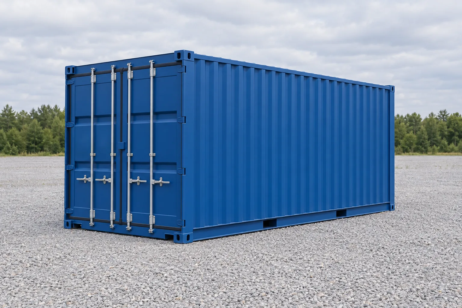 Ilustración de un contenedor marítimo de 20 pies estándar azul visto de tres cuartos, con las puertas cerradas, colocado sobre un patio de grava. Medidas indicadas: altura 2.59 m, ancho 2.44 m, longitud 6.06 m
