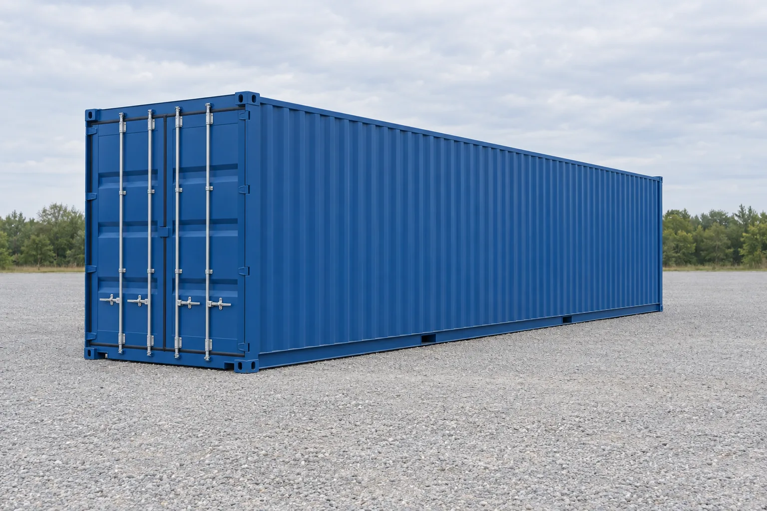 Ilustración de un contenedor marítimo de 40 pies High Cube azul, más alto que un contenedor estándar, visto de tres cuartos, con las puertas cerradas. Medidas indicadas: altura 2.90 m, longitud 12.19 m