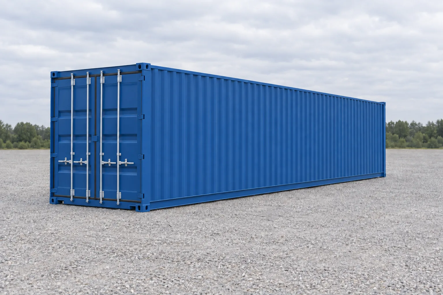 Ilustración de un contenedor marítimo de 40 pies estándar azul visto de tres cuartos, con las puertas cerradas y el lateral largo de chapa ondulada. Medidas indicadas: altura 2.59 m, ancho 2.44 m, longitud 12.19 m